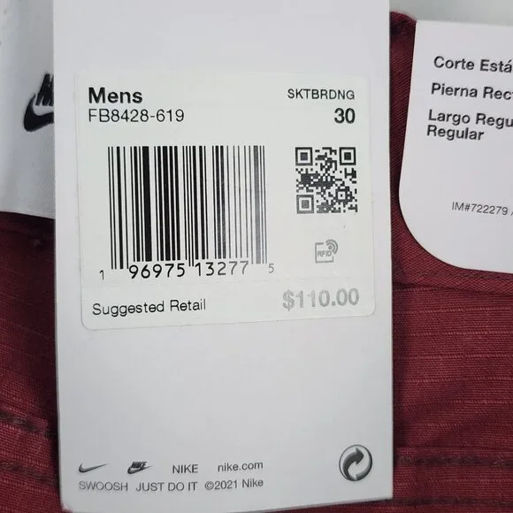 Nike Pants Men 30 Burgundy Red SB Ripstop Skateboarding Straight Fit (30x31) NWT